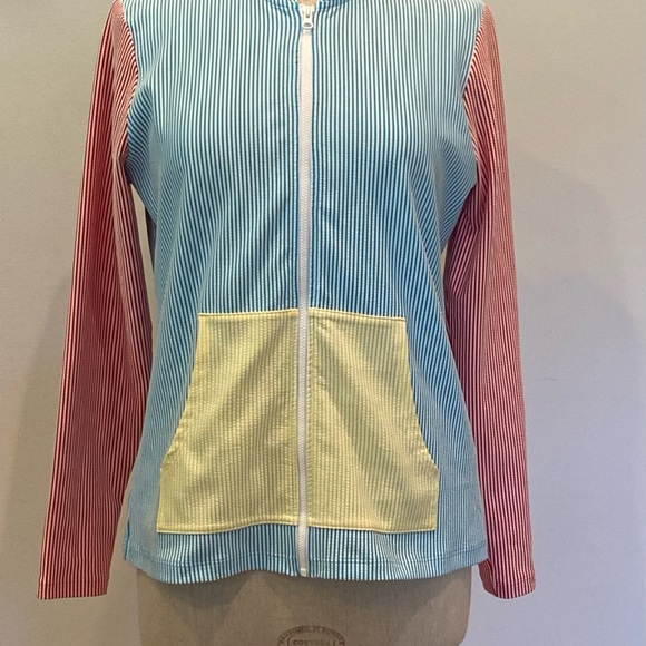 Lands End Womens Lightweight Seersucker Stripe Red Blue Yellow Hoodie/UPF 50/ M - Picture 4 of 8